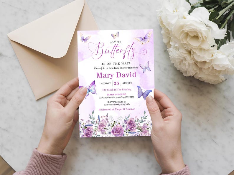 May include: A baby shower invitation with a watercolor design. The invitation features the text "A Little Butterfly is on the Way!" and details for Mary David's baby shower. The design includes purple butterflies and floral accents.