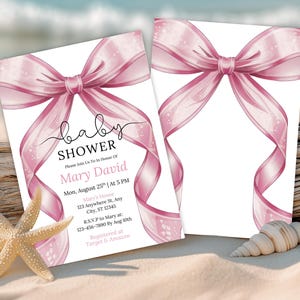 Pink Bow Baby Shower Invitation, Elegant Pink Girl Coquette Baby Shower Invite, Bow Girl Baby Shower Invite, Modern Blush Pink Bow Canva Tem