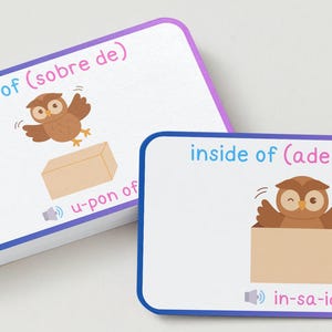 May include: Two flashcards with rounded corners. One card shows a brown cartoon owl above a box with the text "upon of (sobre de)" and "u-pon of". The other card shows an owl inside a box with the text "inside of (adentro de)" and "in-sa-id of".