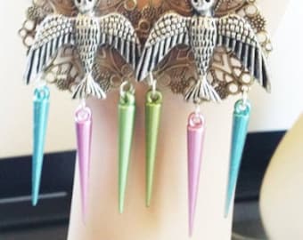 sparrow bird chandelier earrings big dangle spike drops charms animal nature multicolor handmade jewelry