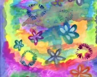 watercolors painting, flowers, rainbow, tie dye, original art, boho hippie, colorful modern artwork