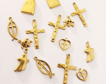14 vintage gold brass charms, metal, goth charms, skulls, crosses, gravestone, jewelry making