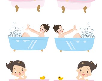 cute cartoon pinup girls in bubble bath collage sheet printable clipart digital instant download bathroom graphics