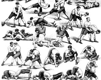 wrestling positions sports art print wrestler moves black & white 1800s art illustration
