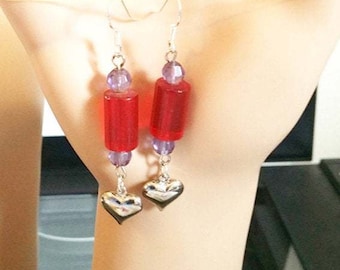 silver heart earrings long drop dangle beads red purple glass beaded handmade jewelry