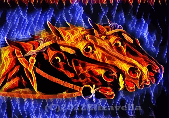 fire flame horses, animal art, printable wall art, abstract wall art digital download, instant download art, red and blue