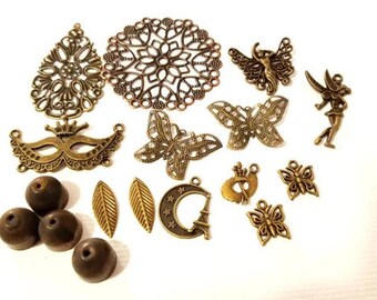 17 bronze tone mixed metal charms pendants lot filigrees bead caps 15mm to 50mm