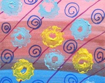 mixed media gears swirls abstract painting original aceo mini art card colorful "Oh Happy Glorious Day" Elizavella