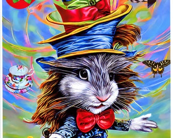 mad hatter bunny rabbit Alice in wonderland -original art - surreal 8x10 inch semi gloss fantasy fairytale Anthropomorphic art print
