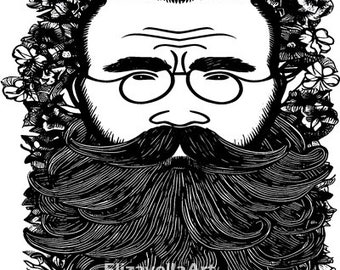 whimsical mans face mustache beard flowers printable art clipart png jpg svg vector portrait download digital image graphics