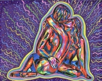 Celebration Of Love, Nude couple kissing, man woman, abstract original art, mixed media, painting, colorful pop artwork
