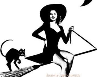 1950s witch riding a broom, halloween pinup girl,  black cat, printable art, clipart jpg png, instant download ,digital print