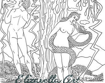 Adam and Eve • Garden Of Eden • Coloring Page for Adults • line art • Instant Download • ElizavellaArt • JPEG printable
