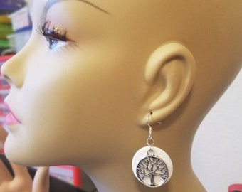 Silver life tree earrings, charm earrings, white circles, dangles, handmade nature jewelry