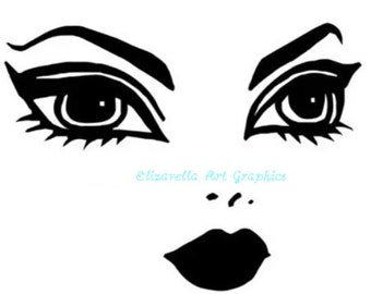 princess doll face template big eyes lips printable art clipart png jpg svg vector digital instant download