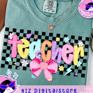 Preppy Coquette Teacher Png, Checkered Floral Teacher Sublimation Design, Cute Pastel Back to School Shirt Png, Retro Girly Teacher Png