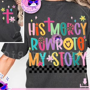 His Mercy Rewrote My Story Png, Religious PNG, Preppy Christian Neon Faith Design, Groovy Bible Verse Patch, Hand Lettered Png, Smiley Png