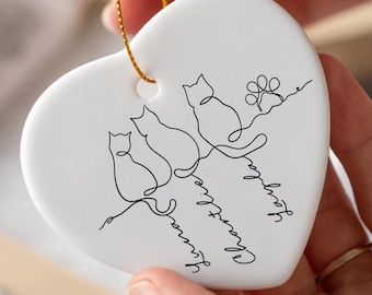 Funny Cats Ornament, Personalized Cats Line Art Ornament, Minimalist Cat Ornament ,Cat Mom Gift ,Cat Family Keepsake, Cat Memorial Ornament