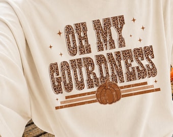 T-shirt d'automne « Oh My Gourdness », T-shirt citrouille d'automne humoristique, T-shirt imprimé léopard pour Thanksgiving, T-shirt graphique d'automne mignon, Tenue confortable pour la récolte