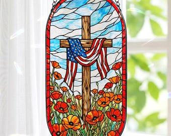 Patriotic Cross Stained Glass Suncatcher, American Flag Cross Window Hanging, Christian Memorial Day Decor, Faith Gift