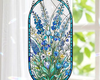 Oval Stained Glass Suncatcher, Blue Wildflower Window Hanging, Floral Glass Panel Decor, Garden Gift for Mom Grandma Nature Lover