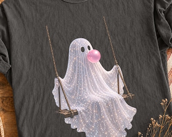 Ghost Swing Halloween Shirt, Glowing Spooky Ghost Tee, Bubblegum Ghost Graphic Shirt, Cute October Outfit, Whimsical Fall Gift for Women Tee