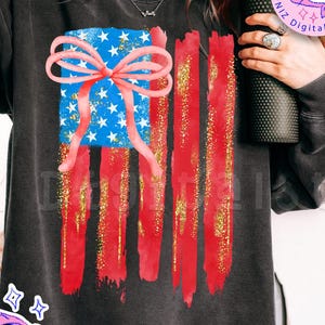 Preppy Watercolor American Flag PNG, Coquette Bow Patriotic Design Png, Grandmillennial 4th of July Sublimation, USA Independence Day Png