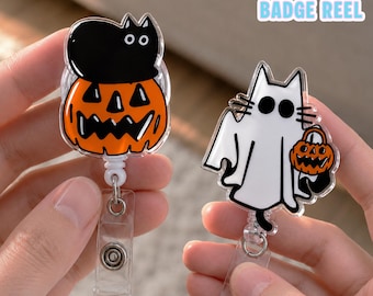 Halloween Cat Badge Reel, Ghost Cat ID Badge Holder, Black Cat Pumpkin Badge Reel, Spooky Nurse Teacher Halloween Accessory
