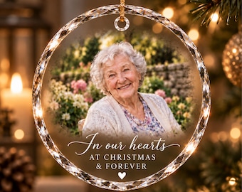 Personalized Memorial Photo Ornament, Custom Loved One Christmas Ornament, In Our Hearts Glass Keepsake, Sympathy Remembrance Gift