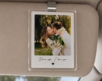 Custom Photo Drive Safe I Love You, Personalized Couple Photo Car Visor Clip, Valentines Gift for Him, Gifts for Boyfriend, Drive Safe Gift
