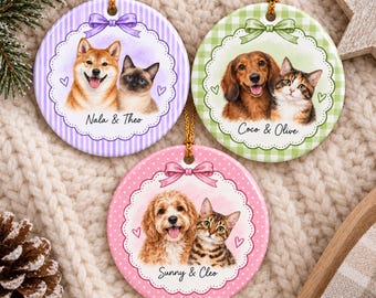 Personalized Pet Photo Christmas Ornament, Custom Dog and Cat Portrait Ornament, Pet Names Keepsake, Dog Mom Cat Mom Holiday Gift