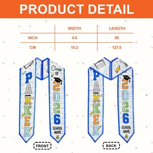 May include: White graduation sash with blue trim, featuring the name "PARKER" in colorful letters and "Class of 2026". The sash is 4 inches wide and 50 inches long, with a graduation cap and school name.
