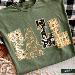 Fall Patchwork Shirt, Floral Pumpkin Graphic Tee, Autumn Boho Letter Shirt, Vintage Harvest Outfit, Cottagecore Fall Gift for Women Cozy Tee
