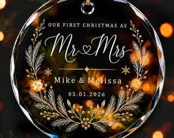 Personalized First Christmas Married Ornament 2026, Mr and Mrs Glass Ornament, Custom Couple Wedding Keepsake, Newlywed Christmas Gift
