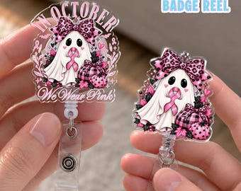 Breast Cancer Awareness Badge Reel, Pink Ribbon Ghost Badge Holder, October Nurse Badge Reel, Halloween  Breast Cancer Survivor Gift