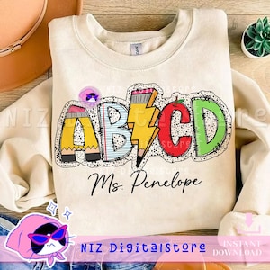 Conception personnalisée de nom d'enseignant ABCD, nom Png d'enseignant de maternelle, conception de 100 jours, sublimation d'enseignant, conception personnalisée de professeur de Toodle de garçon fille