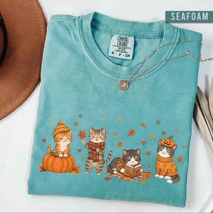May include: A seafoam green t-shirt featuring a graphic of four kittens in autumn attire. One kitten sits on a pumpkin, one wears a scarf, one reads a book, and one wears a pumpkin hat. The shirt has a crew neck and a Comfort Colors brand label.