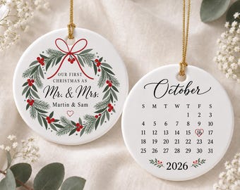 Our First Christmas as Mr & Mrs Ornament, Personalized Couple Ornament, Wedding Date Calendar Ornament, Newlywed Christmas Gift