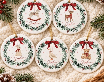 Personalized Baby Christmas Ornament, Custom Name Newborn Ornament, Woodland Animal Baby Keepsake, Baby First Christmas Gift