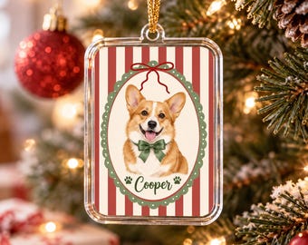 Custom Dog Portrait Ornament, Personalized Pet Name Acrylic Ornament, Pet Lover Holiday Gift
