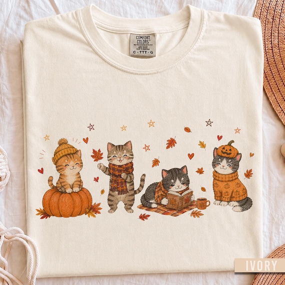 Cute Fall Cat Shirt, Autumn Kitty Shirt, Pumpkin Cat Shirt, Cozy Halloween Cat Shirt, Thanksgiving Animal Lover Gift, Fall Season Shirt