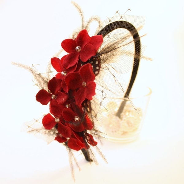 Gloria - Red Flower and Feather Headband