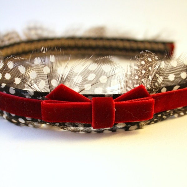 Julia -  Feather Headband and Red Velvet Ribbon