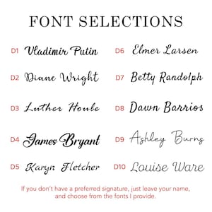Op de afbeelding: Op een witte achtergrond staat de tekst "FONT SELECTIONS" in een vetgedrukte, zwarte letter. Er worden tien lettertype-opties gepresenteerd, elk met een voorbeeldnaam en een nummer. De tekst "If you don't have a preferred signature..." is ook opgenomen.