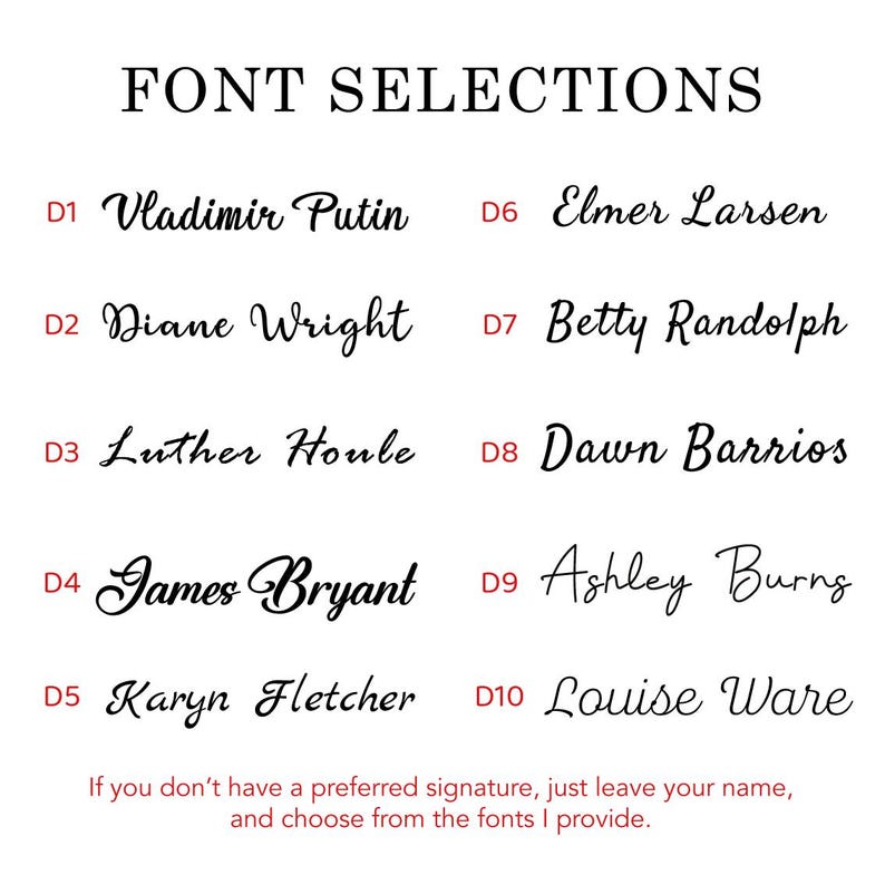 Op de afbeelding: Op een witte achtergrond staat de tekst "FONT SELECTIONS" in een vetgedrukte, zwarte letter. Er worden tien lettertype-opties gepresenteerd, elk met een voorbeeldnaam en een nummer. De tekst "If you don't have a preferred signature..." is ook opgenomen.