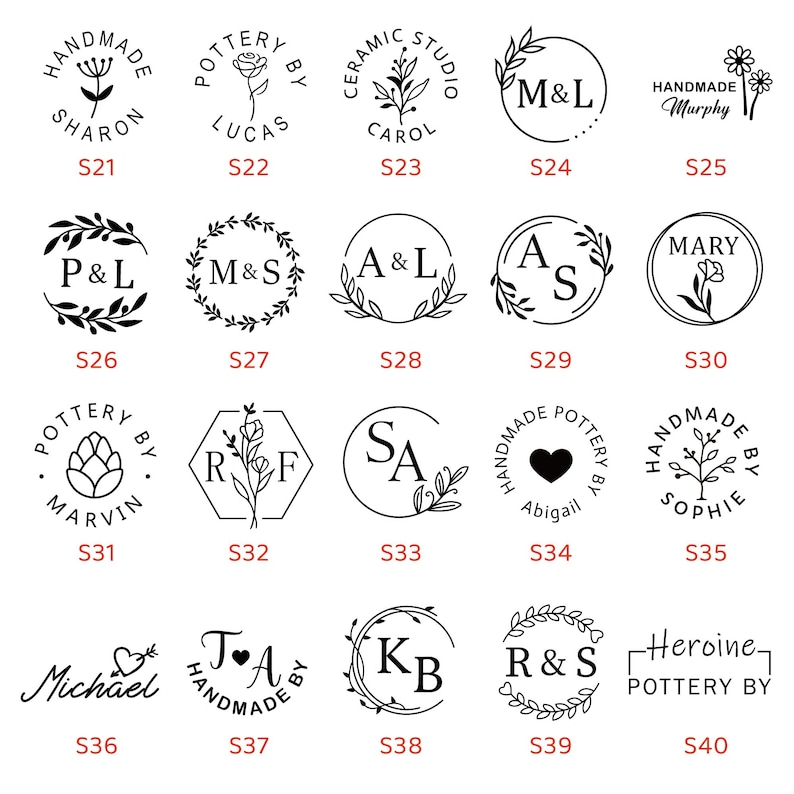 Op de afbeelding: Een verzameling zwart-wit logo's voor handgemaakte keramiek. Elk logo bevat tekst en botanische illustraties, zoals bloemen, bladeren en harten, binnen cirkelvormige of geometrische kaders. De logo's bevatten namen en initialen.