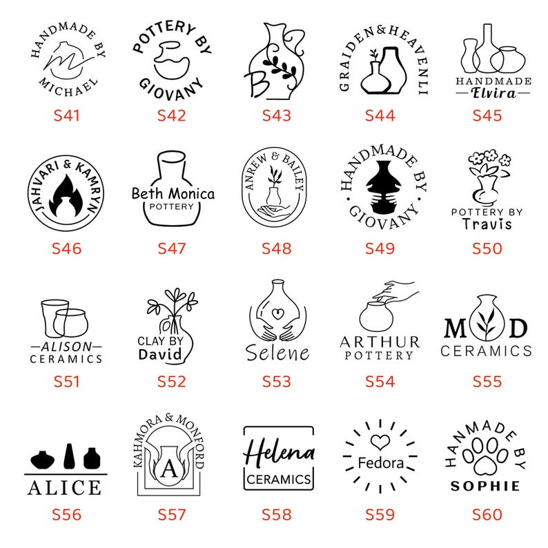 Op de afbeelding: Een verzameling zwart-witte aardewerklogo's, elk met unieke ontwerpen en tekst. De logo's bevatten verschillende stijlen, zoals handgetekende illustraties van vazen, tekst en cirkelvormige ontwerpen. De logo's zijn genummerd.