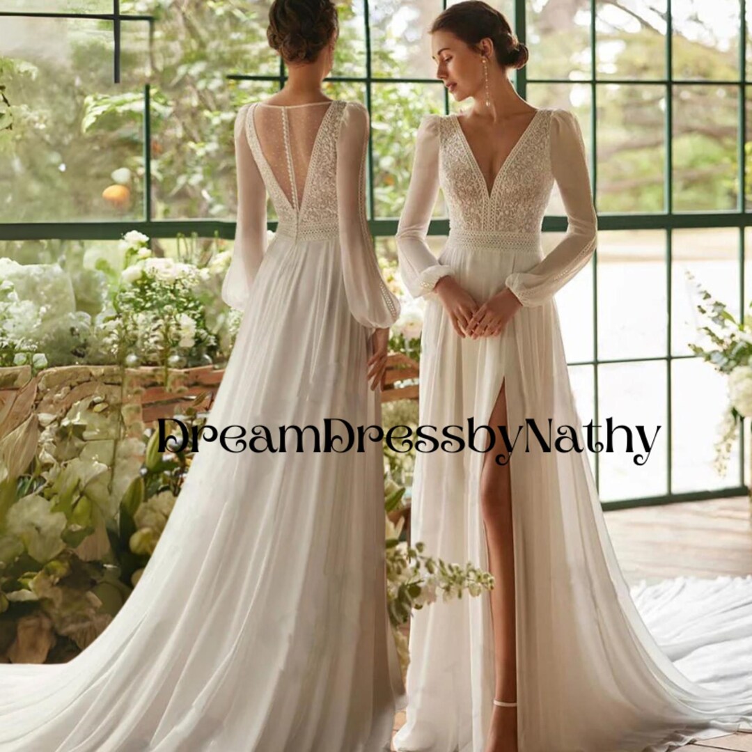 Lace and Chiffon Bohemian Wedding Dresses with Sleeves White