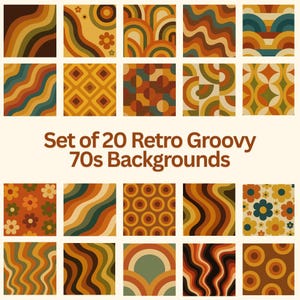 Può includere: Set di 20 sfondi retrò groovy degli anni '70 con motivi astratti in tonalità di marrone, arancione, giallo e blu.