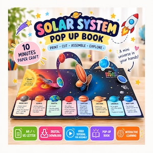 Könnte beinhalten: Ein Solar System Pop-up-Buch aus Papier zum Basteln mit einem farbenfrohen Weltraumthema. Das Buch zeigt Planeten mit beschreibenden Texten, darunter Merkur, Venus, Erde, Mars, Jupiter, Saturn, Uranus und Neptun. Enthält Symbole für digitalen Download.